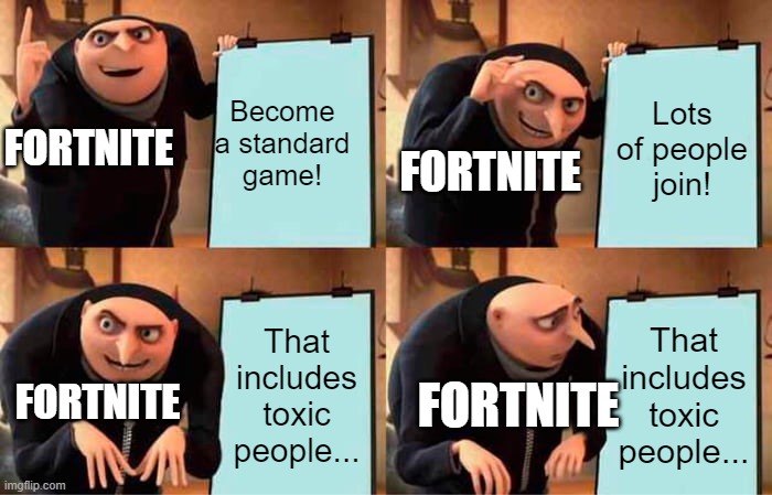 It's a shame to see how the game ended up... | Become a standard game! Lots of people join! FORTNITE; FORTNITE; That includes toxic people... That includes toxic people... FORTNITE; FORTNITE | image tagged in memes,gru's plan,fortnite | made w/ Imgflip meme maker