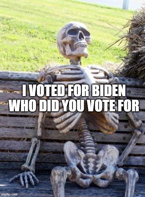 Waiting Skeleton | I VOTED FOR BIDEN WHO DID YOU VOTE FOR | image tagged in memes,waiting skeleton | made w/ Imgflip meme maker