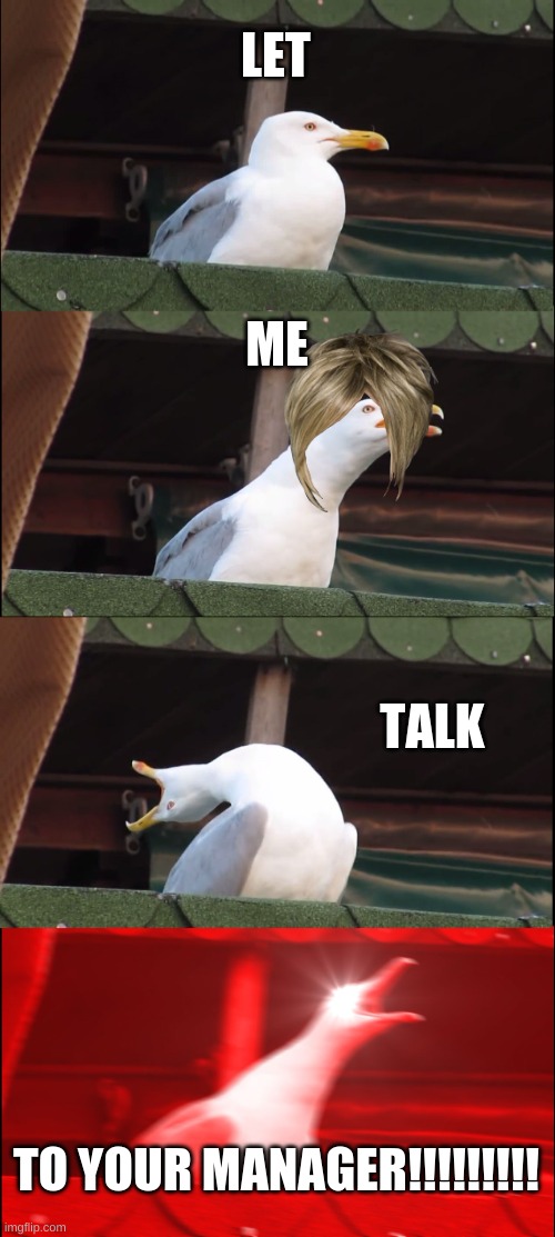 Inhaling Seagull | LET; ME; TALK; TO YOUR MANAGER!!!!!!!!! | image tagged in memes,inhaling seagull | made w/ Imgflip meme maker