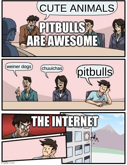 dogs | CUTE ANIMALS; PITBULLS ARE AWESOME; weiner dogs; chuuichas; pitbulls; THE INTERNET | image tagged in memes,boardroom meeting suggestion | made w/ Imgflip meme maker