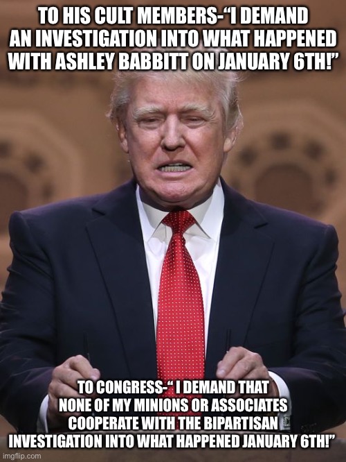 Donald Trump | TO HIS CULT MEMBERS-“I DEMAND AN INVESTIGATION INTO WHAT HAPPENED WITH ASHLEY BABBITT ON JANUARY 6TH!”; TO CONGRESS-“ I DEMAND THAT NONE OF MY MINIONS OR ASSOCIATES COOPERATE WITH THE BIPARTISAN INVESTIGATION INTO WHAT HAPPENED JANUARY 6TH!” | image tagged in donald trump | made w/ Imgflip meme maker