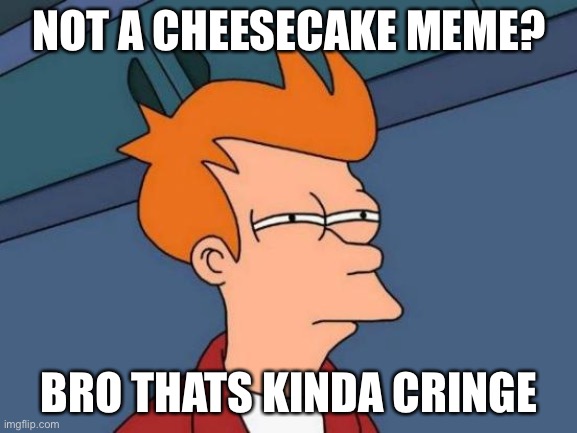 No cheezcaik? | NOT A CHEESECAKE MEME? BRO THATS KINDA CRINGE | image tagged in memes,futurama fry,cheesecake | made w/ Imgflip meme maker