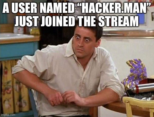 ik we’re not supposed to post about negative alts but this isn’t a negative alt | A USER NAMED “HACKER.MAN” JUST JOINED THE STREAM | image tagged in surprised joey | made w/ Imgflip meme maker