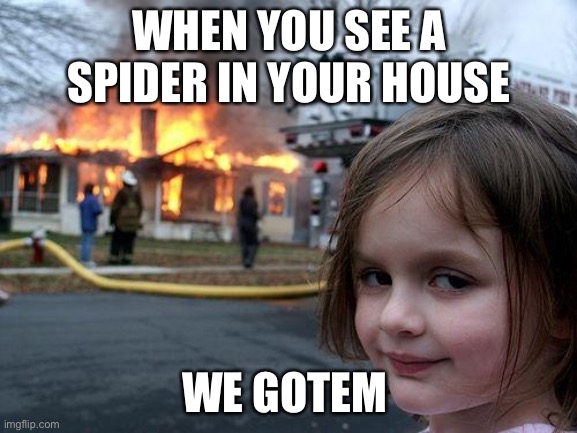 Disaster Girl Meme | WHEN YOU SEE A SPIDER IN YOUR HOUSE; WE GOTEM | image tagged in memes,disaster girl | made w/ Imgflip meme maker
