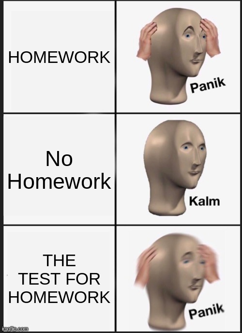 Homework time baby | HOMEWORK; No Homework; THE TEST FOR HOMEWORK | image tagged in memes,panik kalm panik,homework,pain | made w/ Imgflip meme maker