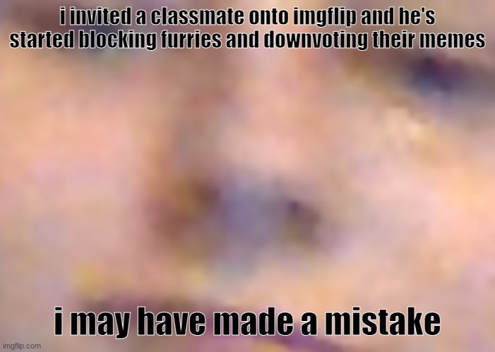 face | i invited a classmate onto imgflip and he's started blocking furries and downvoting their memes; i may have made a mistake | image tagged in face | made w/ Imgflip meme maker