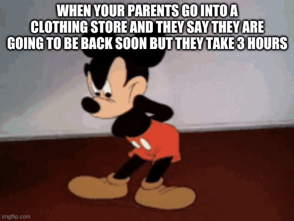 Clothing store meme | WHEN YOUR PARENTS GO INTO A CLOTHING STORE AND THEY SAY THEY ARE GOING TO BE BACK SOON BUT THEY TAKE 3 HOURS | image tagged in clothing tag idk | made w/ Imgflip meme maker