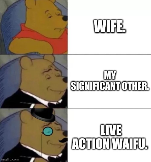 Fancy pooh | WIFE. MY SIGNIFICANT OTHER. LIVE ACTION WAIFU. | image tagged in fancy pooh,waifu,anime,manga | made w/ Imgflip meme maker