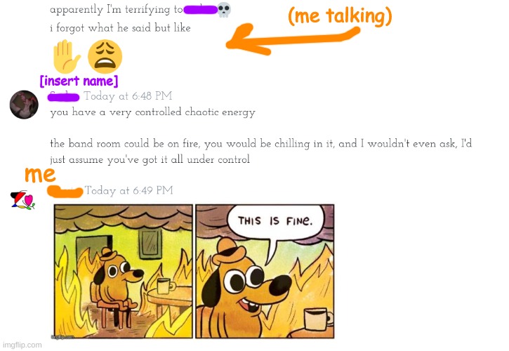 What happens in my discord servers | (me talking); [insert name]; me | image tagged in this is fine,discord,controlled chaos | made w/ Imgflip meme maker