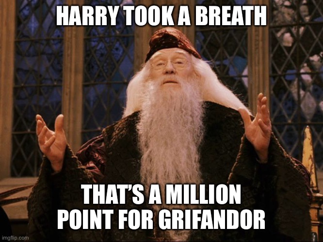 The texture Harry Potter franchise to a non-fan | HARRY TOOK A BREATH; THAT’S A MILLION POINT FOR GRIFANDOR | image tagged in dumbledore | made w/ Imgflip meme maker