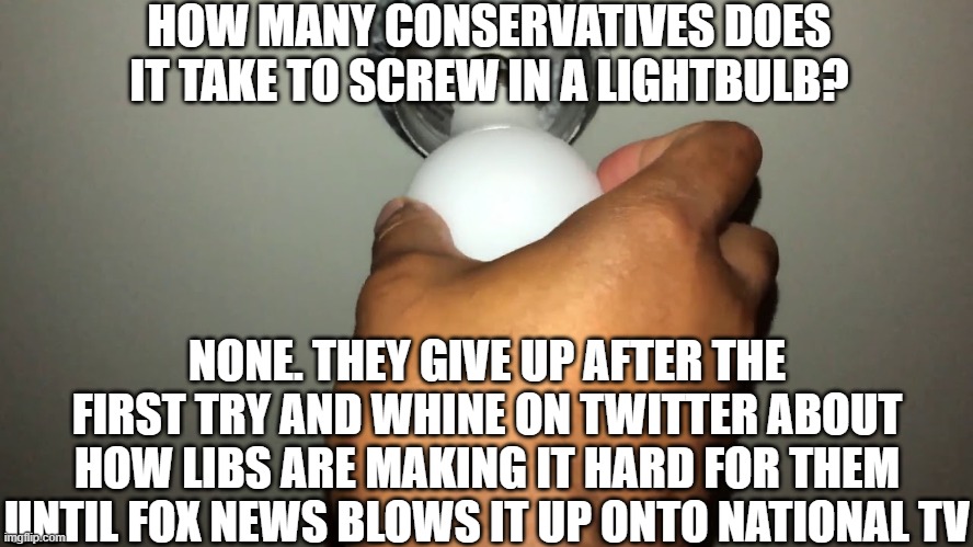 Its true cons, you would do that ;) | HOW MANY CONSERVATIVES DOES IT TAKE TO SCREW IN A LIGHTBULB? NONE. THEY GIVE UP AFTER THE FIRST TRY AND WHINE ON TWITTER ABOUT HOW LIBS ARE MAKING IT HARD FOR THEM UNTIL FOX NEWS BLOWS IT UP ONTO NATIONAL TV | image tagged in memes,politics,conservatives,lightbulb,conservative logic | made w/ Imgflip meme maker