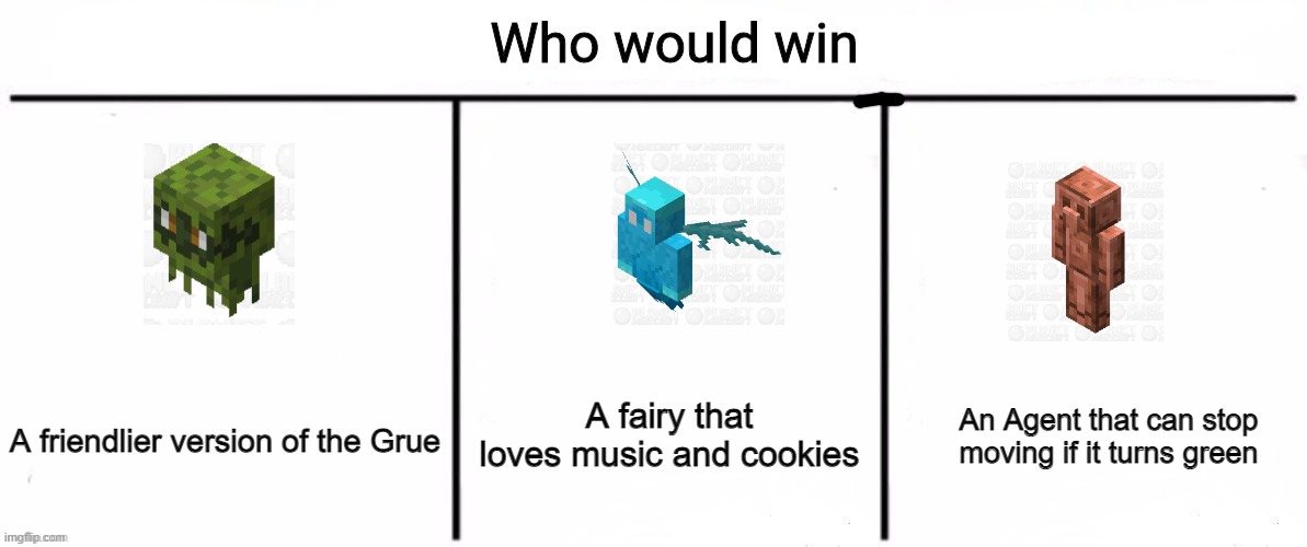 Which mob would you vote for during Minecraft Live 2021? (Yes, I stole the models from Planet Minecraft) | A fairy that loves music and cookies; An Agent that can stop moving if it turns green; A friendlier version of the Grue | image tagged in 3x who would win,minecraft,glare,allay,copper golem,who would win | made w/ Imgflip meme maker