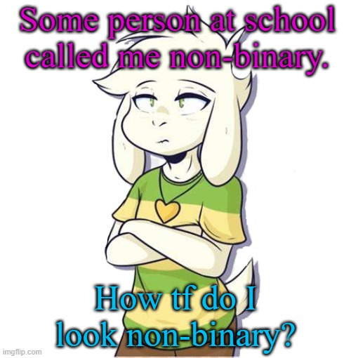 Some people man.. | Some person at school called me non-binary. How tf do I look non-binary? | image tagged in asriel | made w/ Imgflip meme maker