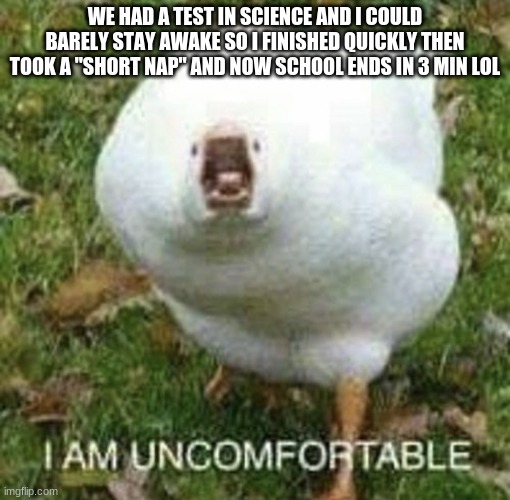 I A M U N C O M F O R T A B L E | WE HAD A TEST IN SCIENCE AND I COULD BARELY STAY AWAKE SO I FINISHED QUICKLY THEN TOOK A "SHORT NAP" AND NOW SCHOOL ENDS IN 3 MIN LOL | image tagged in i a m u n c o m f o r t a b l e | made w/ Imgflip meme maker