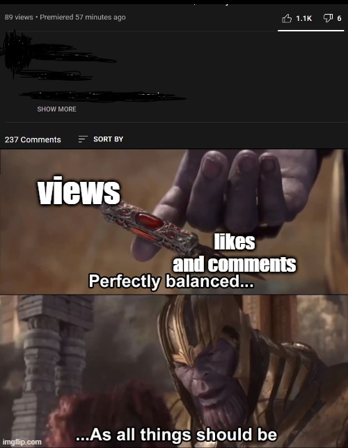 yt be like | views; likes and comments | image tagged in thanos perfectly balanced as all things should be | made w/ Imgflip meme maker