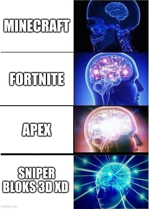 big brain | MINECRAFT; FORTNITE; APEX; SNIPER BLOKS 3D XD | image tagged in memes,expanding brain | made w/ Imgflip meme maker