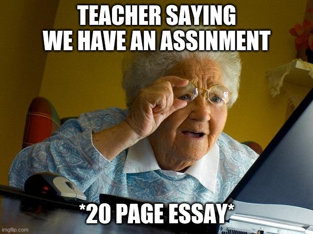 essay meme | TEACHER SAYING WE HAVE AN ASSINMENT; *20 PAGE ESSAY* | image tagged in memes,grandma finds the internet | made w/ Imgflip meme maker