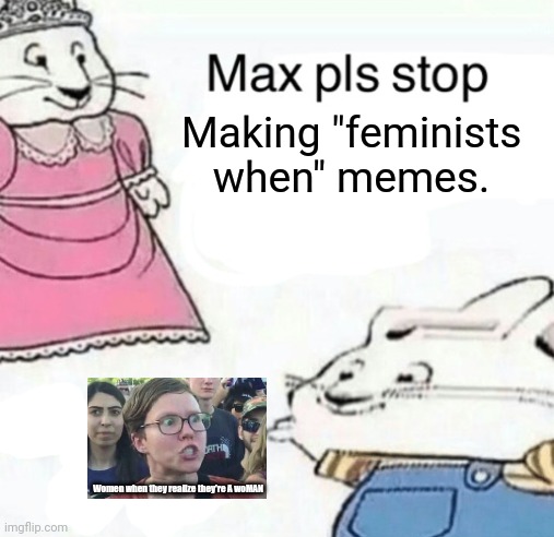 Max nooooooooo |  Making "feminists when" memes. Women when they realize they're A woMAN | image tagged in max pls stop joking about blank,feminist,when,memes,funny | made w/ Imgflip meme maker