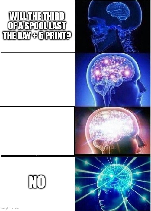 Nü World Problems | WILL THE THIRD OF A SPOOL LAST THE DAY + 5 PRINT? NO | image tagged in memes,expanding brain,3d printing,first world problems | made w/ Imgflip meme maker