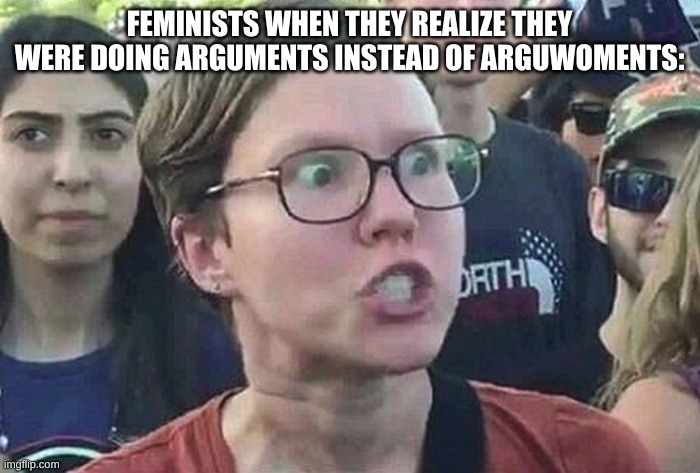 Triggered Liberal | FEMINISTS WHEN THEY REALIZE THEY WERE DOING ARGUMENTS INSTEAD OF ARGUWOMENTS: | image tagged in triggered liberal | made w/ Imgflip meme maker