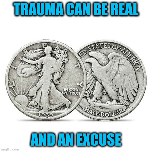 Both at the same time | TRAUMA CAN BE REAL; AND AN EXCUSE | image tagged in one coin two sides,trauma | made w/ Imgflip meme maker