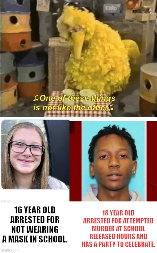 One Of These Things Are Not Like The Other | 16 YEAR OLD ARRESTED FOR NOT WEARING A MASK IN SCHOOL. 18 YEAR OLD ARRESTED FOR ATTEMPTED MURDER AT SCHOOL RELEASED HOURS AND HAS A PARTY TO CELEBRATE. | image tagged in black,school shooter,white,unmasked,liberal hypocrisy,racism | made w/ Imgflip meme maker