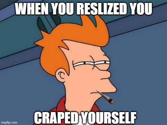 Futurama Fry | WHEN YOU RESLIZED YOU; CRAPED YOURSELF | image tagged in memes,futurama fry | made w/ Imgflip meme maker