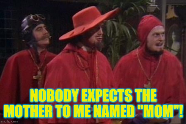 Nobody Expects the Spanish Inquisition Monty Python | NOBODY EXPECTS THE MOTHER TO ME NAMED "MOM"! | image tagged in nobody expects the spanish inquisition monty python | made w/ Imgflip meme maker