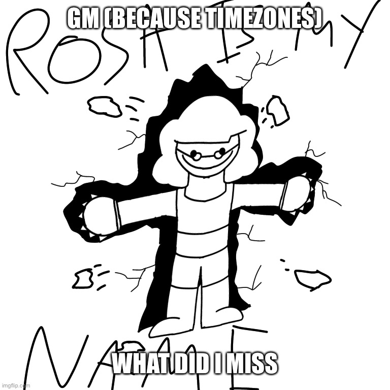 Rosa is my name | GM (BECAUSE TIMEZONES); WHAT DID I MISS | image tagged in rosa is my name | made w/ Imgflip meme maker