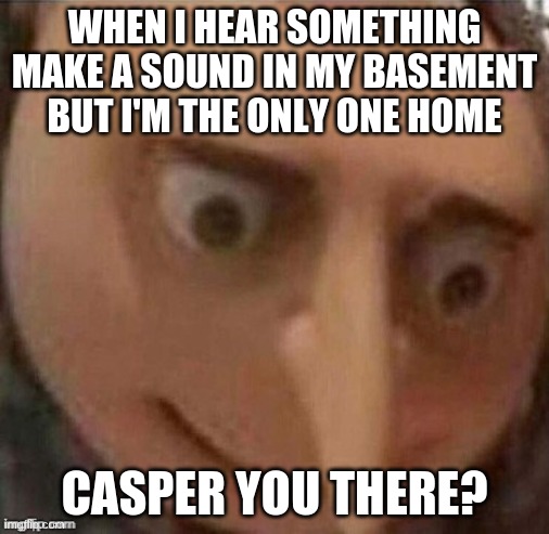 Home Alone |  WHEN I HEAR SOMETHING MAKE A SOUND IN MY BASEMENT BUT I'M THE ONLY ONE HOME; CASPER YOU THERE? | image tagged in funny,meme | made w/ Imgflip meme maker