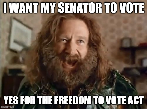 Robin Williams |  I WANT MY SENATOR TO VOTE; YES FOR THE FREEDOM TO VOTE ACT | image tagged in memes,what year is it | made w/ Imgflip meme maker
