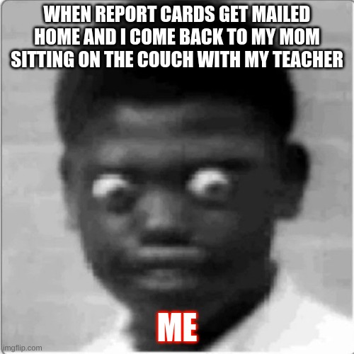 When Report Cards Get Mailed Home | WHEN REPORT CARDS GET MAILED HOME AND I COME BACK TO MY MOM SITTING ON THE COUCH WITH MY TEACHER; ME | image tagged in meme,funny | made w/ Imgflip meme maker