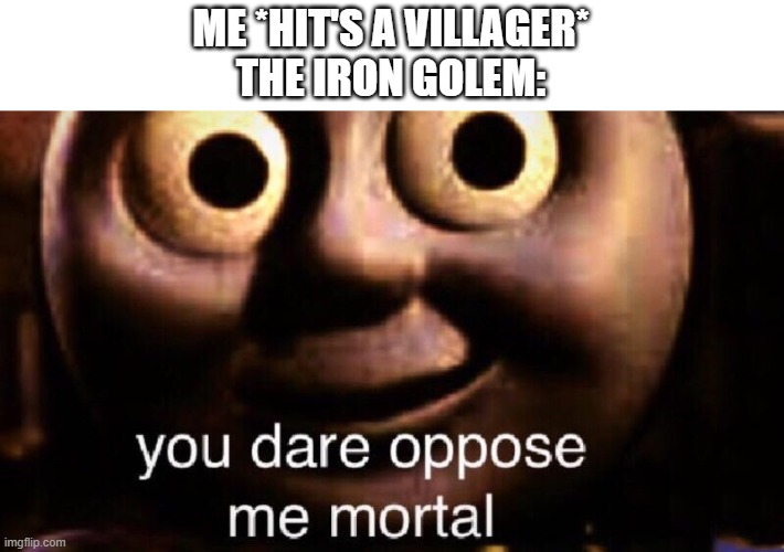 You dare oppose me mortal | ME *HIT'S A VILLAGER*
THE IRON GOLEM: | image tagged in you dare oppose me mortal | made w/ Imgflip meme maker