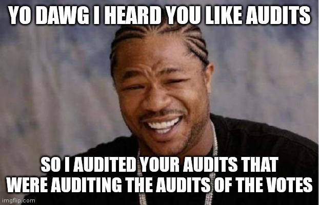 Yo Dawg Heard You Meme | YO DAWG I HEARD YOU LIKE AUDITS; SO I AUDITED YOUR AUDITS THAT WERE AUDITING THE AUDITS OF THE VOTES | image tagged in memes,yo dawg heard you | made w/ Imgflip meme maker