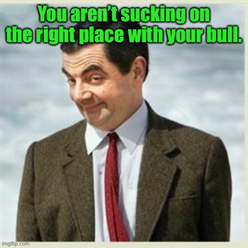 Mr Bean Smirk | You aren’t sucking on the right place with your bull. | image tagged in mr bean smirk | made w/ Imgflip meme maker