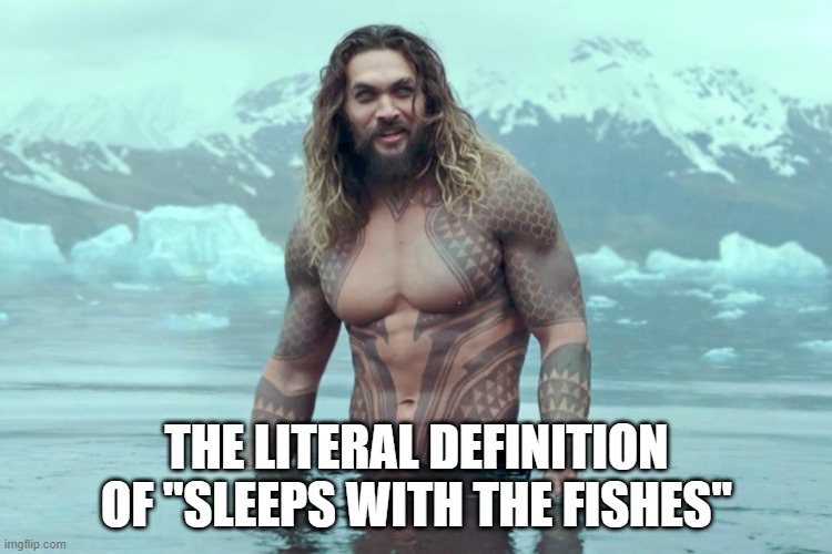 His M-O | THE LITERAL DEFINITION OF "SLEEPS WITH THE FISHES" | image tagged in aquaman | made w/ Imgflip meme maker