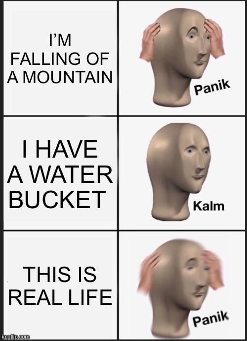 Panik Kalm Panik | I’M FALLING OF A MOUNTAIN; I HAVE A WATER BUCKET; THIS IS REAL LIFE | image tagged in memes,panik kalm panik | made w/ Imgflip meme maker