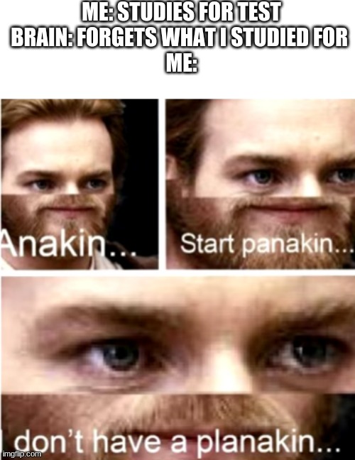 anyone else feels this way? | ME: STUDIES FOR TEST
BRAIN: FORGETS WHAT I STUDIED FOR 
ME: | image tagged in blank white template,anakin start panakin,memes,school,relatable,stop reading the tags | made w/ Imgflip meme maker