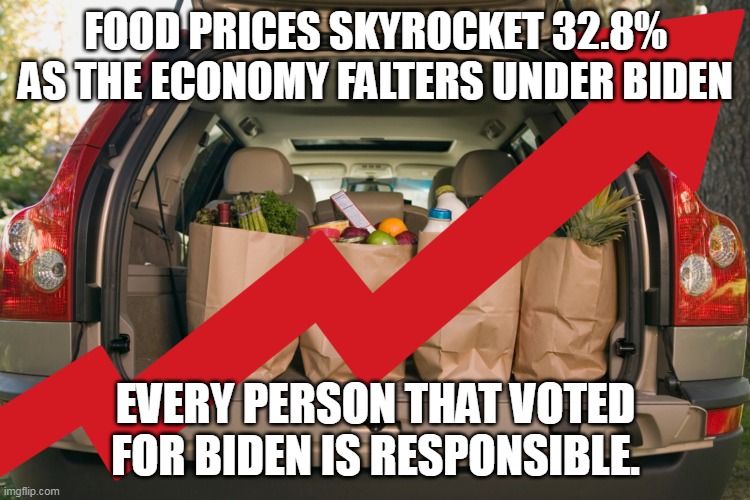 It gives little solace knowing the ilk that voted for Biden are suffering for their poor choice. | FOOD PRICES SKYROCKET 32.8% AS THE ECONOMY FALTERS UNDER BIDEN; EVERY PERSON THAT VOTED FOR BIDEN IS RESPONSIBLE. | image tagged in liberal logic,stupid liberals,democrats,creepy joe biden | made w/ Imgflip meme maker