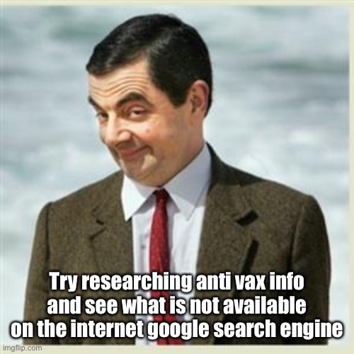 Mr Bean Smirk | Try researching anti vax info and see what is not available on the internet google search engine | image tagged in mr bean smirk | made w/ Imgflip meme maker