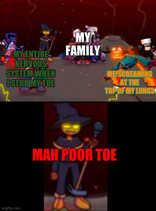 Mah poor toe - | MY FAMILY; ME, SCREAMING AT THE TOP OF MY LUNGS; MY ENTIRE NERVOUS SYSTEM WHEN I STUB MY TOE; MAH POOR TOE | image tagged in zardy's pure dissapointment,relatable,memes,ah shit here we go again,oh wow are you actually reading these tags | made w/ Imgflip meme maker