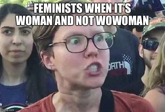 Triggered Liberal | FEMINISTS WHEN IT’S WOMAN AND NOT WOWOMAN | image tagged in triggered liberal | made w/ Imgflip meme maker