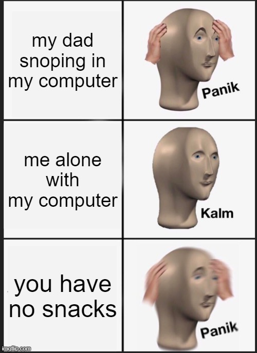 gaming needs | my dad snoping in my computer; me alone with my computer; you have no snacks | image tagged in memes,panik kalm panik | made w/ Imgflip meme maker