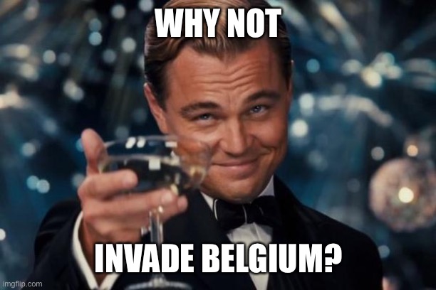 Belgium hoi4 |  WHY NOT; INVADE BELGIUM? | image tagged in memes,leonardo dicaprio cheers | made w/ Imgflip meme maker
