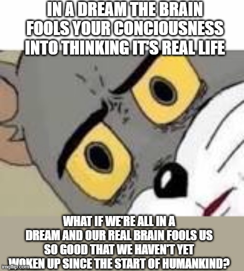 Something for you to think about | IN A DREAM THE BRAIN FOOLS YOUR CONCIOUSNESS INTO THINKING IT'S REAL LIFE; WHAT IF WE'RE ALL IN A DREAM AND OUR REAL BRAIN FOOLS US SO GOOD THAT WE HAVEN'T YET WOKEN UP SINCE THE START OF HUMANKIND? | image tagged in unsetteled tom | made w/ Imgflip meme maker