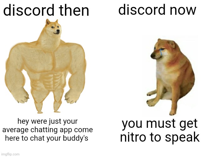 Buff Doge vs. Cheems Meme | discord then; discord now; hey were just your average chatting app come here to chat your buddy's; you must get nitro to speak | image tagged in memes,buff doge vs cheems | made w/ Imgflip meme maker