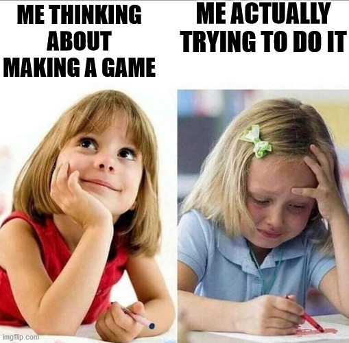 My time will come eventually | ME ACTUALLY TRYING TO DO IT; ME THINKING ABOUT MAKING A GAME | image tagged in thinking about / actually doing it,videogames,hello | made w/ Imgflip meme maker
