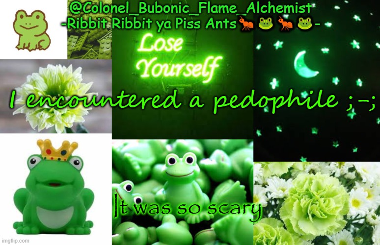 Luckily my mom was outside | I encountered a pedophile ;-;; It was so scary | image tagged in colonel's rubber froggie temp | made w/ Imgflip meme maker