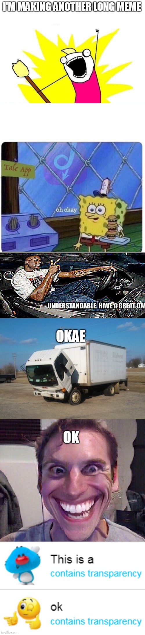 I'M MAKING ANOTHER LONG MEME; OKAE; OK | image tagged in memes,x all the y,oh okay spongebob,understandable have a great day,okay truck,when the imposter is sus | made w/ Imgflip meme maker