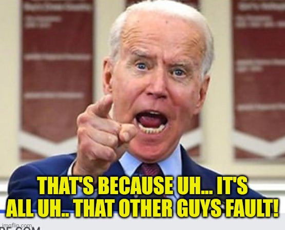 Joe Biden no malarkey | THAT'S BECAUSE UH... IT'S ALL UH.. THAT OTHER GUYS FAULT! | image tagged in joe biden no malarkey | made w/ Imgflip meme maker